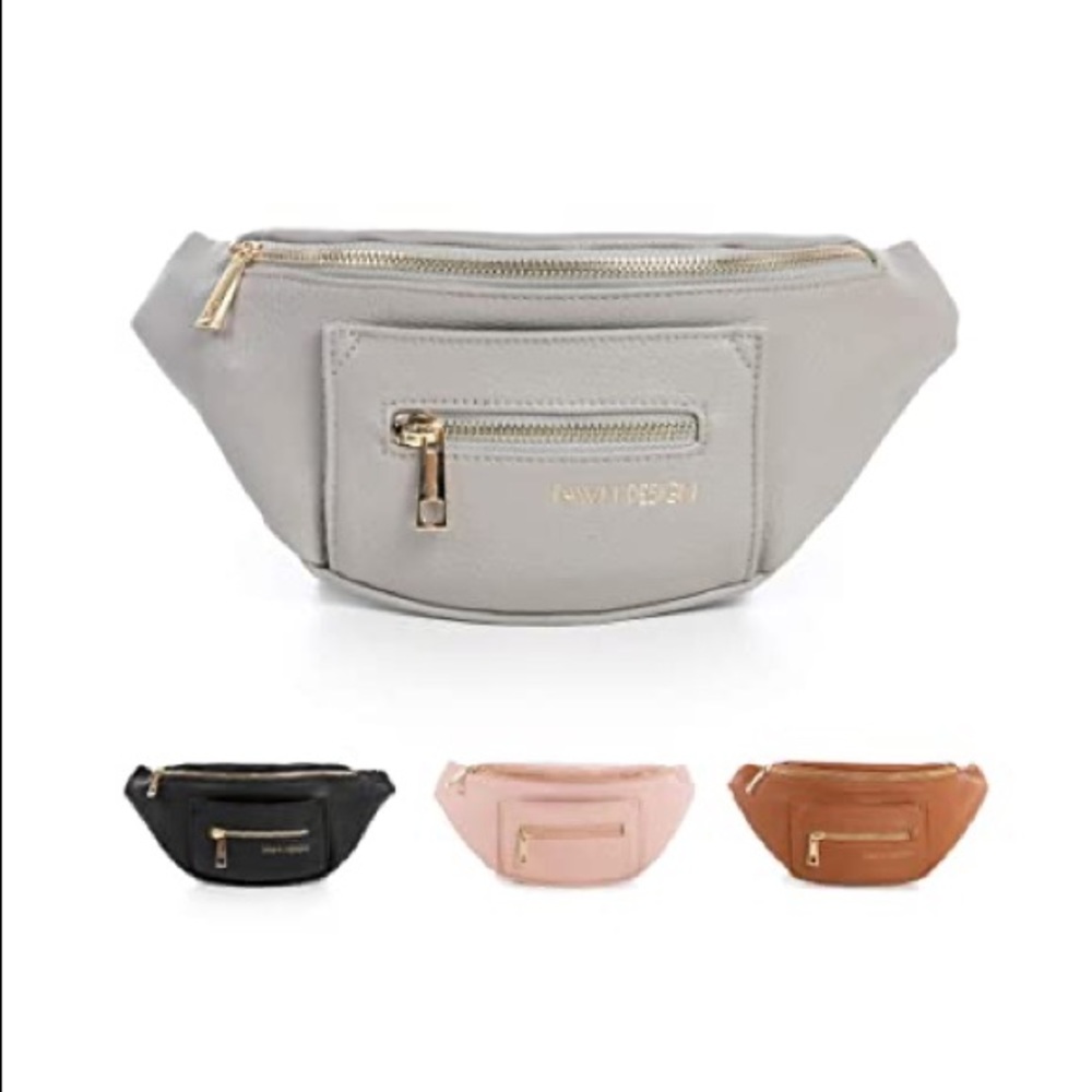 Fawn Design Gray Leather Fanny Pack with Gold Hardware